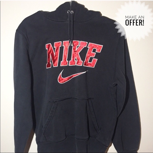 black nike hoodie with red logo